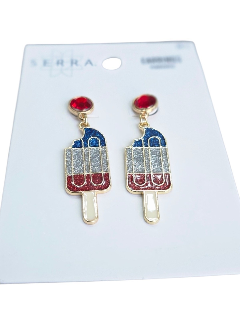 Serra Red White Blue Glitter Popsicle Dangle Earrings 4th of July Patriotic NWT